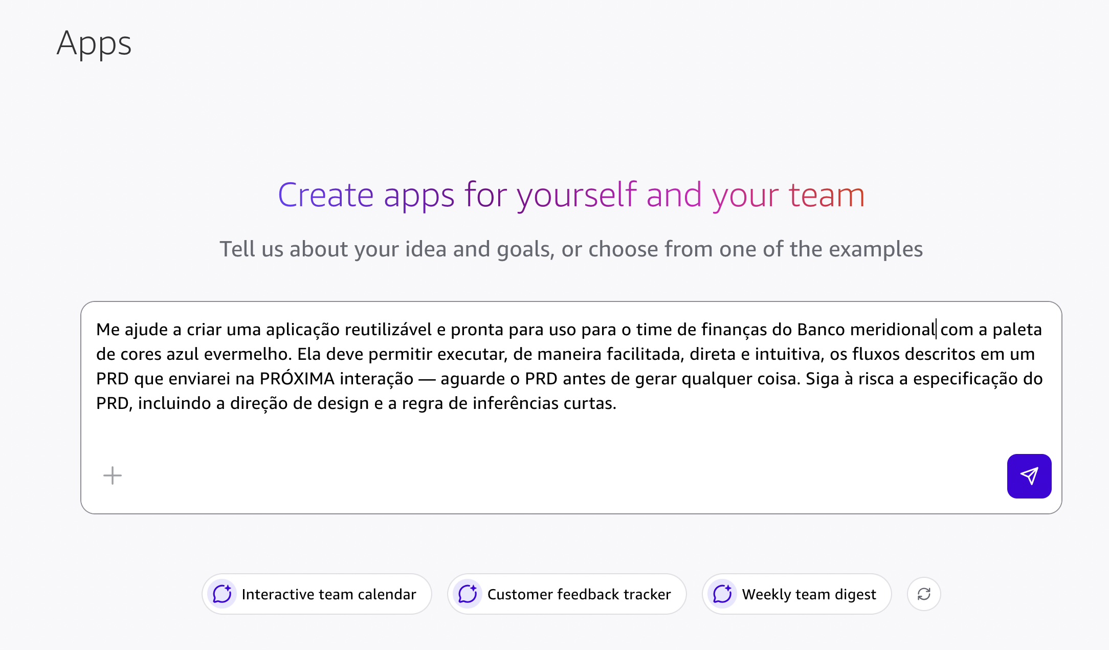 Tela de abertura do Apps no Quick com o prompt de criação preenchido